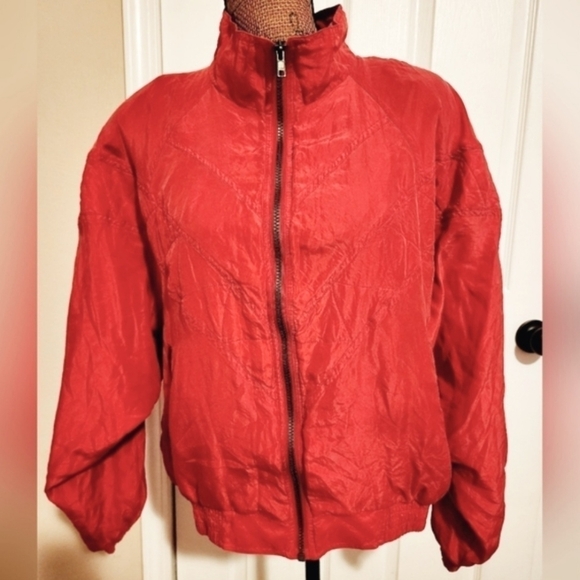 Vintage Jack Mulqueen 100% Silk Red Jacket Women's Large L Zip Pockets Soft EUC - Picture 1 of 8